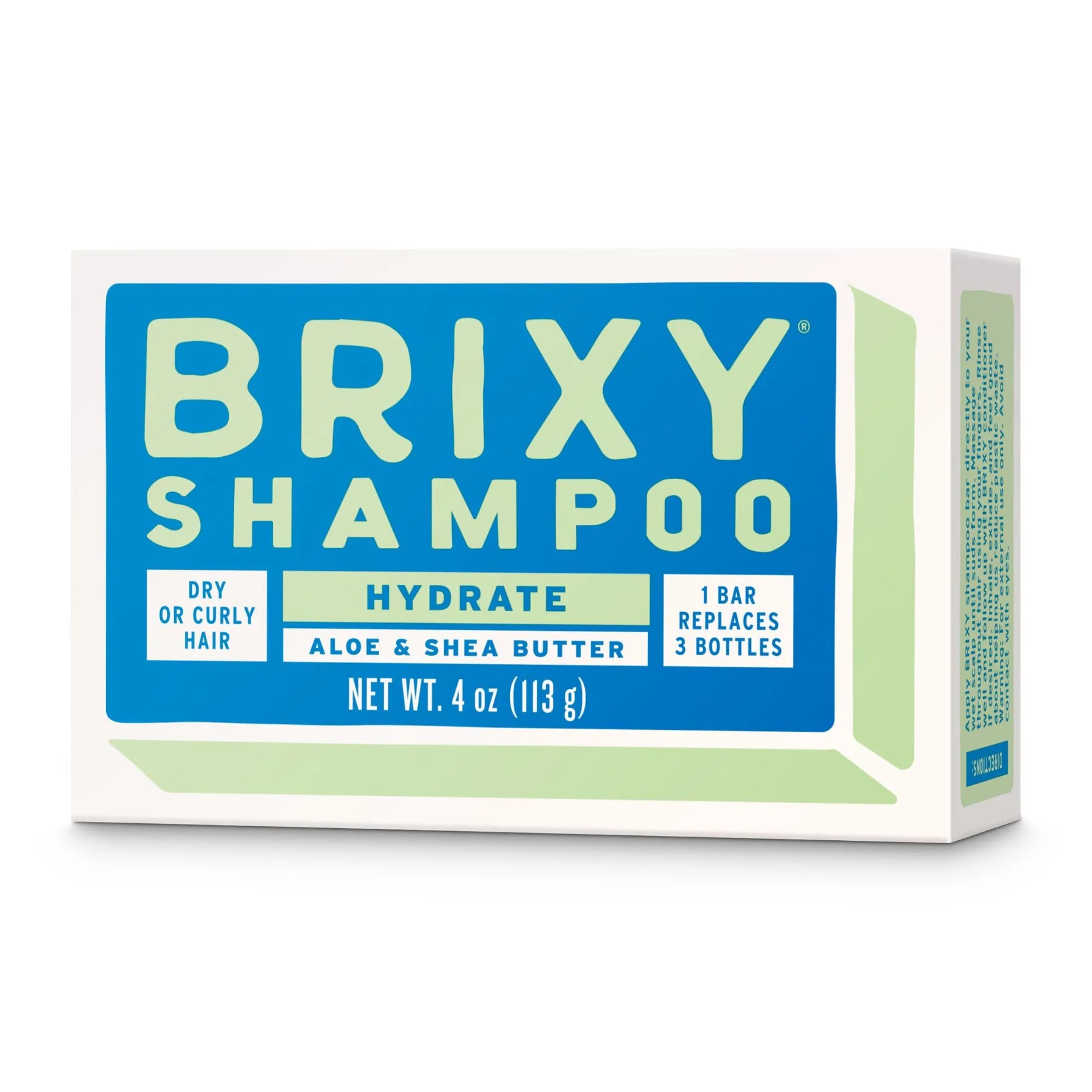 A rectangular box of BRIXY Shampoo in bold blue and green packaging is labeled for hydrating dry or curly hair. The product contains aloe and shea butter and promotes sustainability by replacing three bottles with one solid bar.