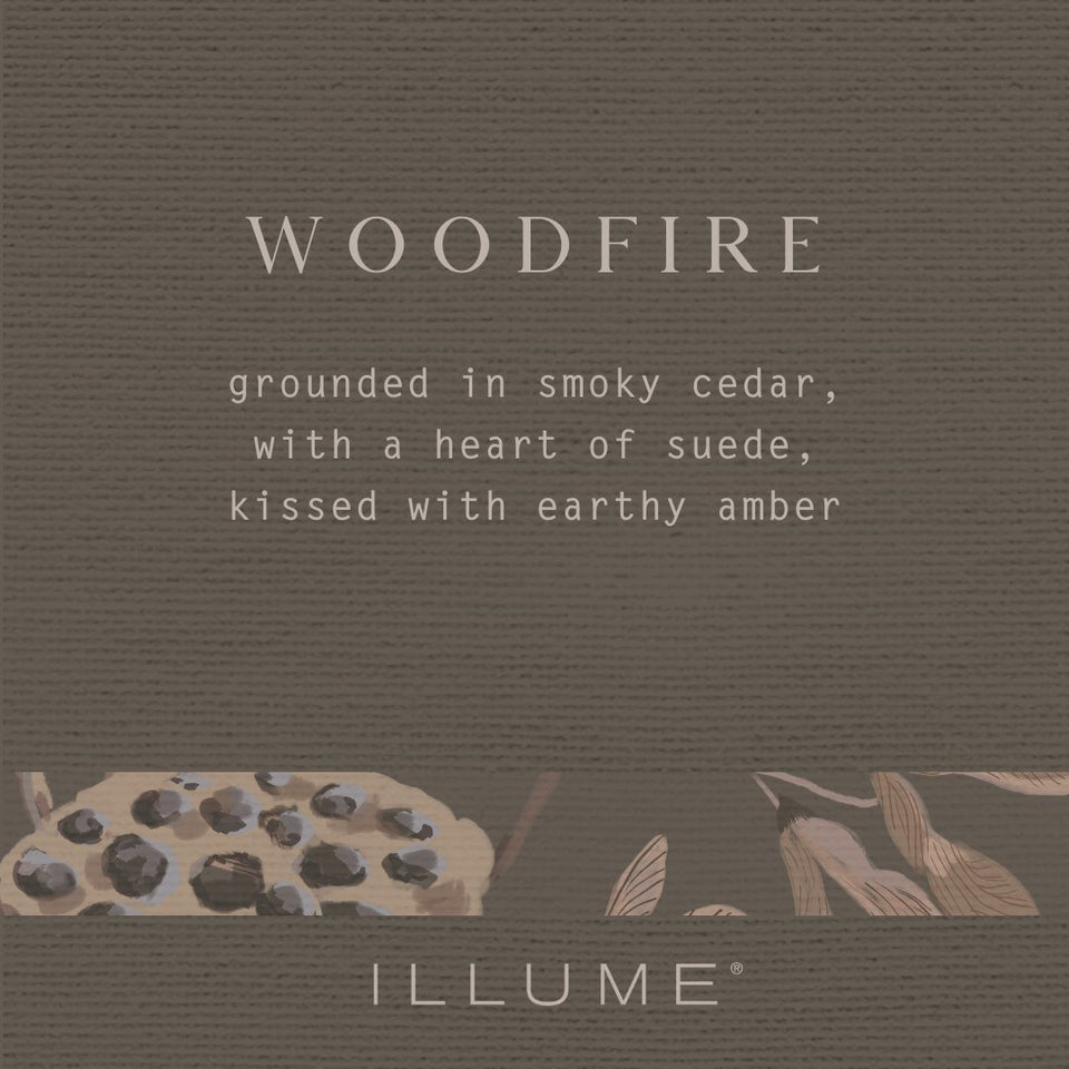 Text description of a woodfire scent on a brown background with 'ILLUME' branding.