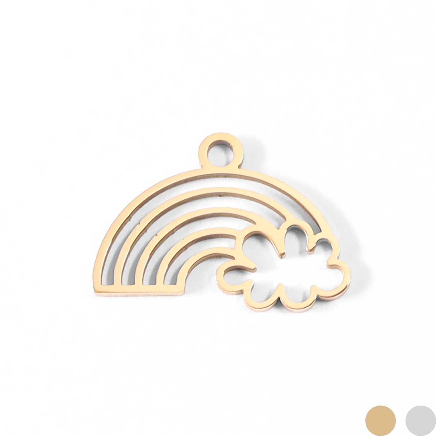 The perfect golden accent for a variety of looks, our new Rainbow and Cloud Charm makes the perfect addition to your chain necklaces and bracelets for the upcoming season! Made with our proprietary blend of surgical-grade 18K Gold PVD coated stainless steel designed for everyday wear, you have quality, style, and comfort to cherish for years to come!