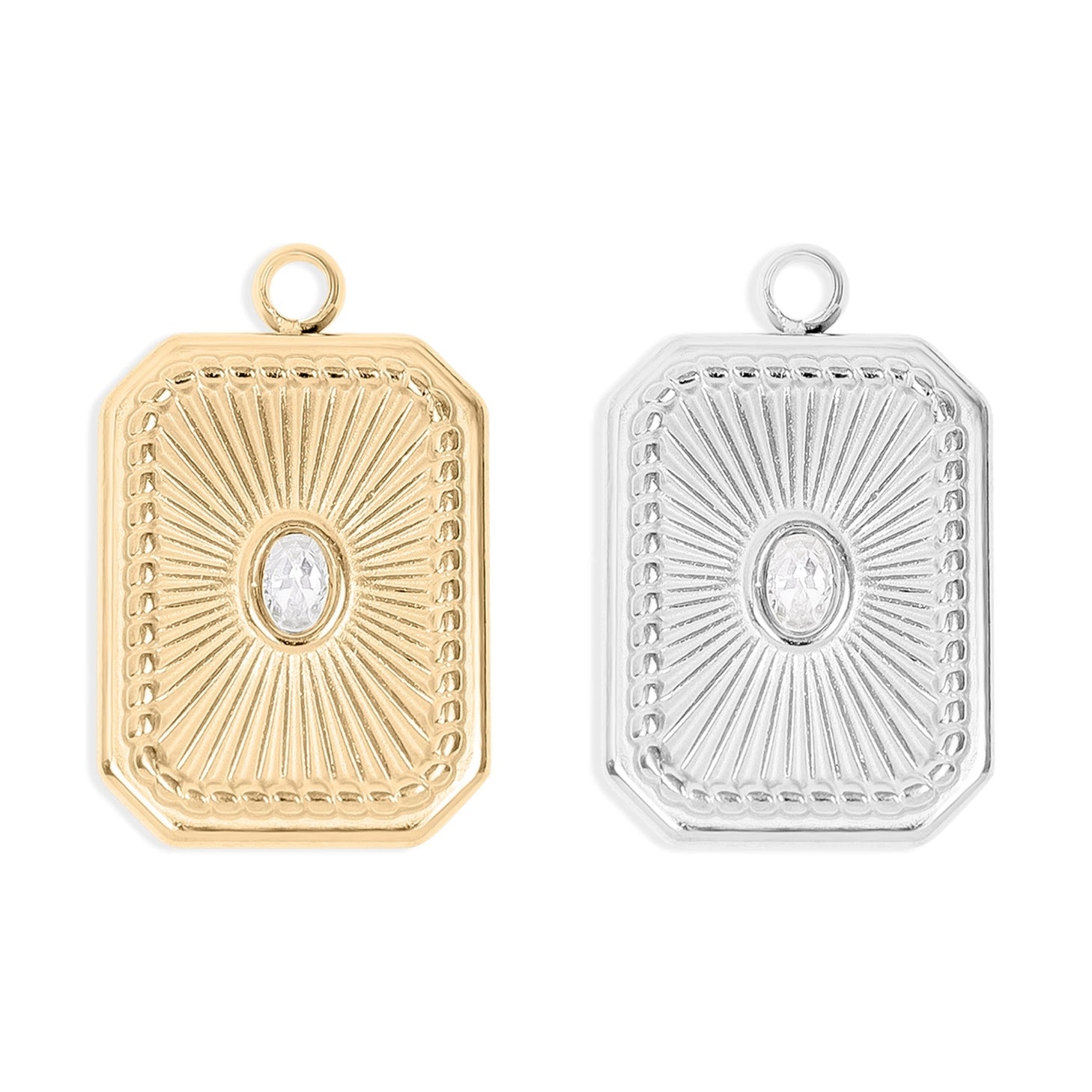 Create the perfect charm necklace or bracelet with the stunning rectangle Sunburst Crystal Charm! This charm has just the perfect added sparkle with a clear crystal cubic zirconia in the center of the sunburst textured design.