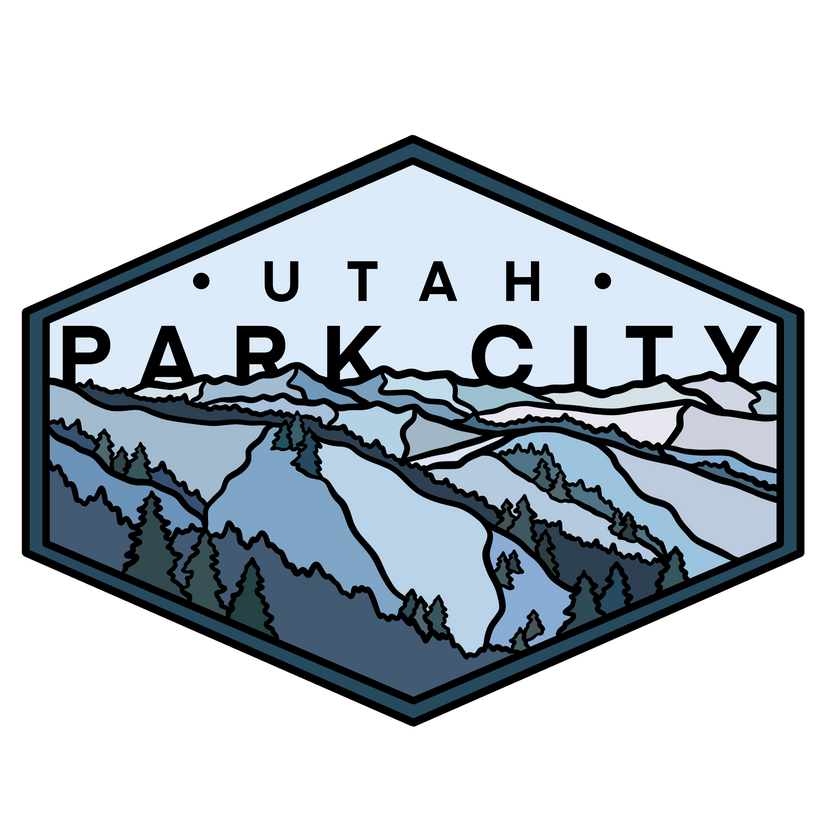 hexagon sticker reading "UTAH PARK CITY" with a mountain range and pine trees