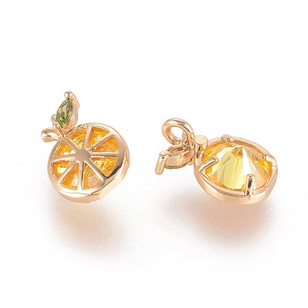 Enhance your charm collection with our Golden Sliced Orange Charm. This unique charm features a slice of orange crafted with orange cubic zirconia, perfect for adding a vibrant touch to your bracelet or necklace. Stand out with this eye-catching piece and bring a burst of color to any outfit.