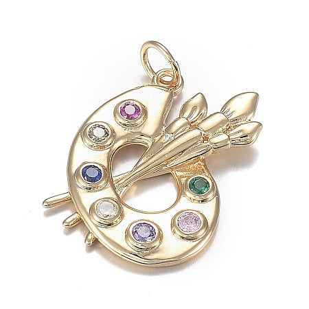Create colorful masterpieces with our Artist Palette with Brushes Charm! This versatile charm features a paint brush and paint palette design, available in two styles. Made with gold color and adorned with colorful cubic zirconia, this charm is perfect for any bracelet or necklace. Let your creativity shine with this beautiful charm.