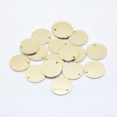 Add a touch of elegance to your bracelet or necklace with our Gold Blank Round Charm. Its flat round shape and gold color will elevate any accessory to the next level. Mix and match with other charms for a truly unique and personalized look. This could also be used to stamp your own personal design on!