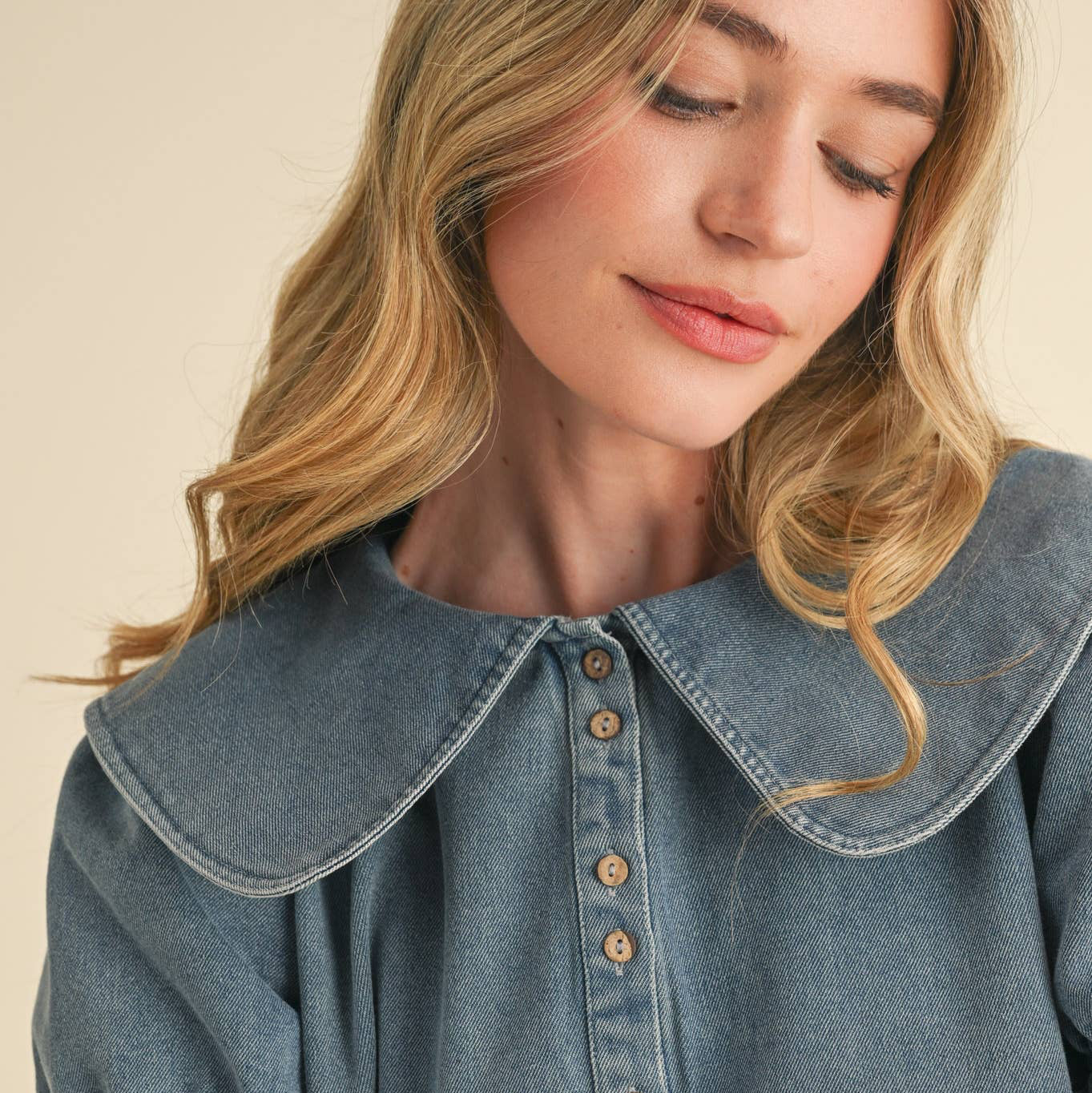 Doll Collar Button Down Denim Mini Dress
