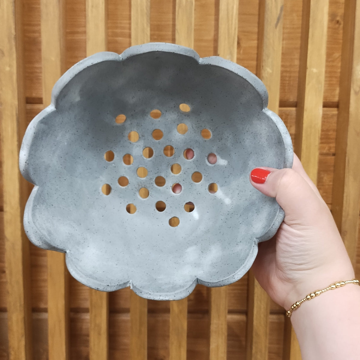 Slate grey scalloped berry bowl.