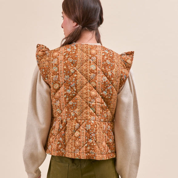 Quilted Floral Vest with Flutter Sleeves