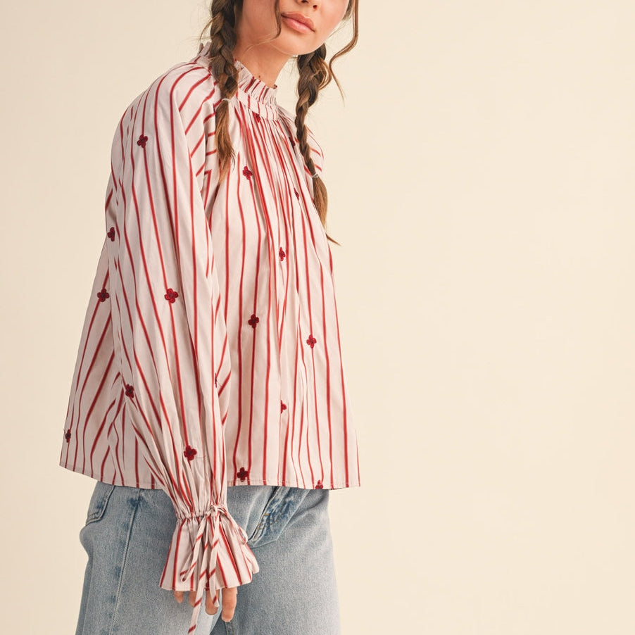 Striped Ruffle Neck Top with Floral Embroidery - Red