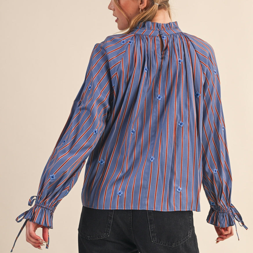 Striped Ruffle Neck Top with Floral Embroidery - Blue