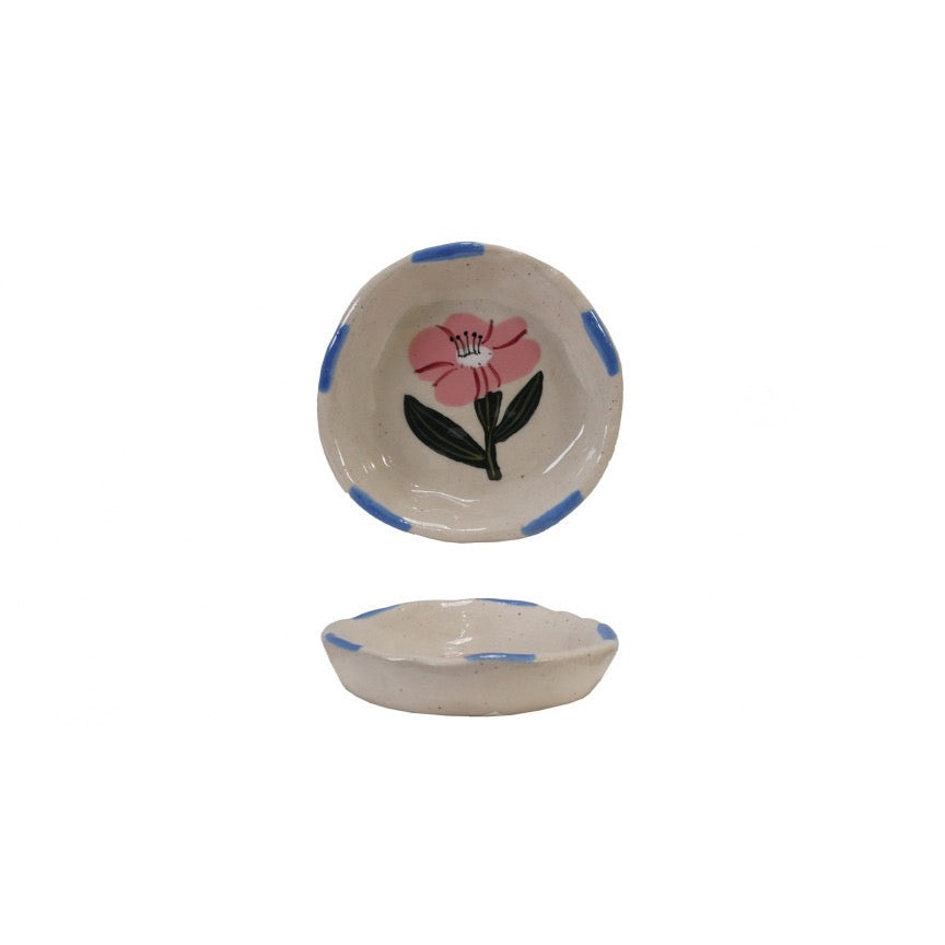 Hand-Painted Flower Stoneware Dish - Light Blue