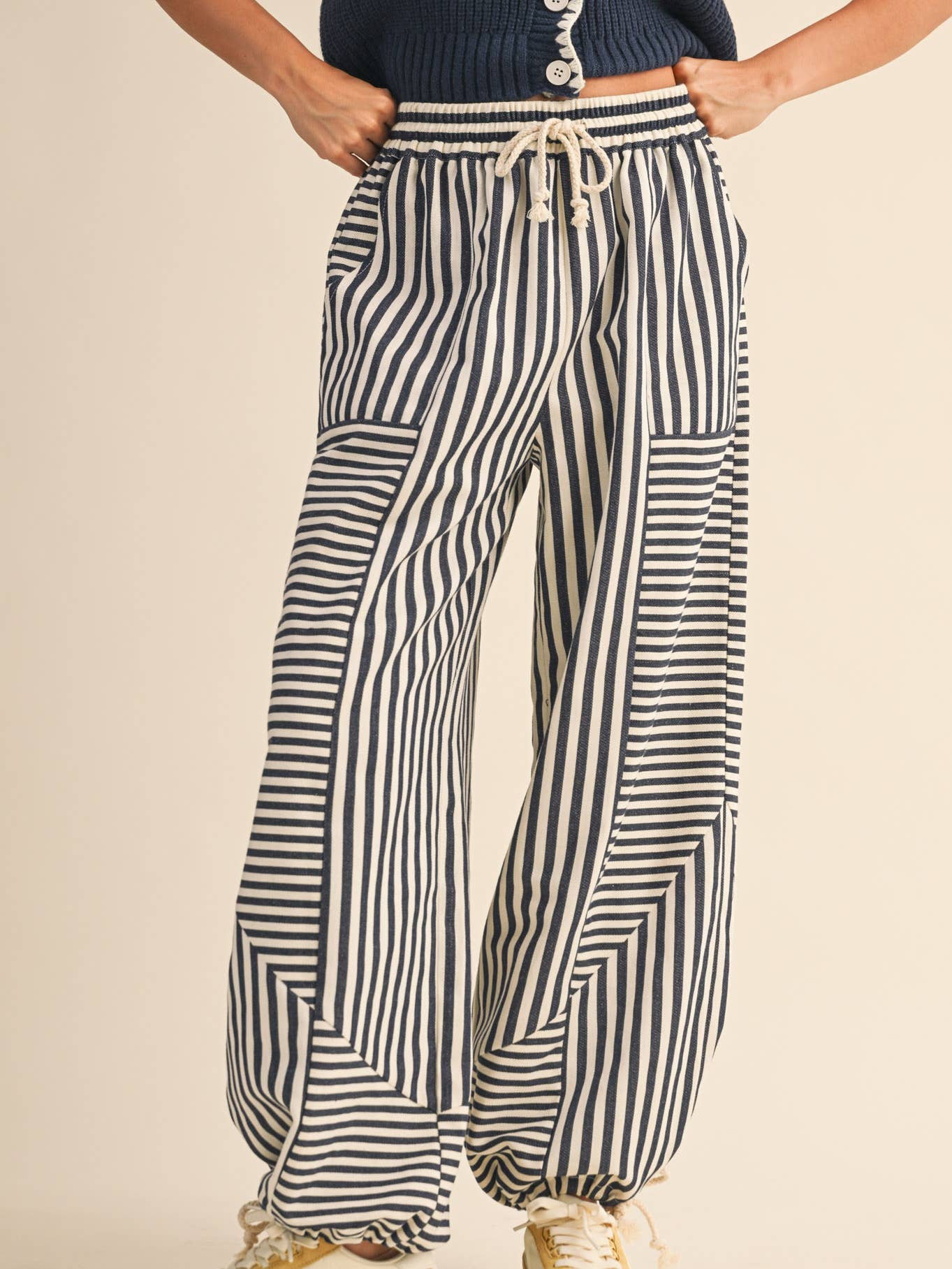 Mixed Dark Blue Stripes Parachute Pants