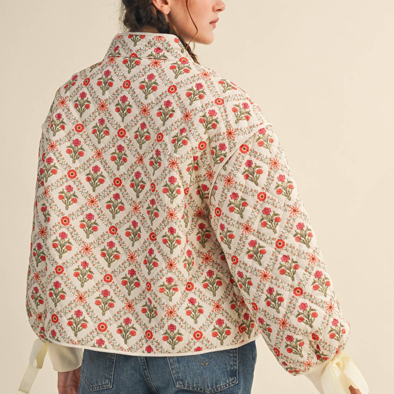 Floral Quilted Jacket with Ribbon Detail - Red
