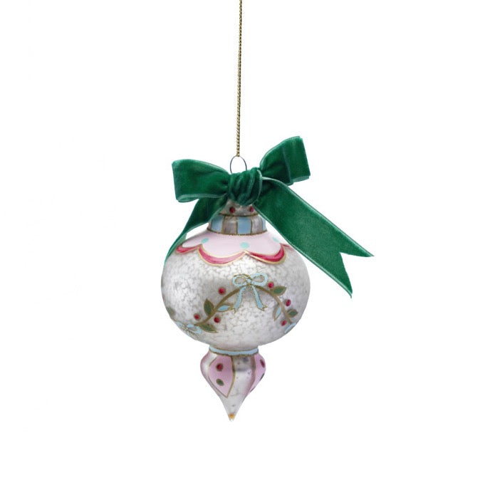 Decorative Christmas ornament with a green ribbon on a white background