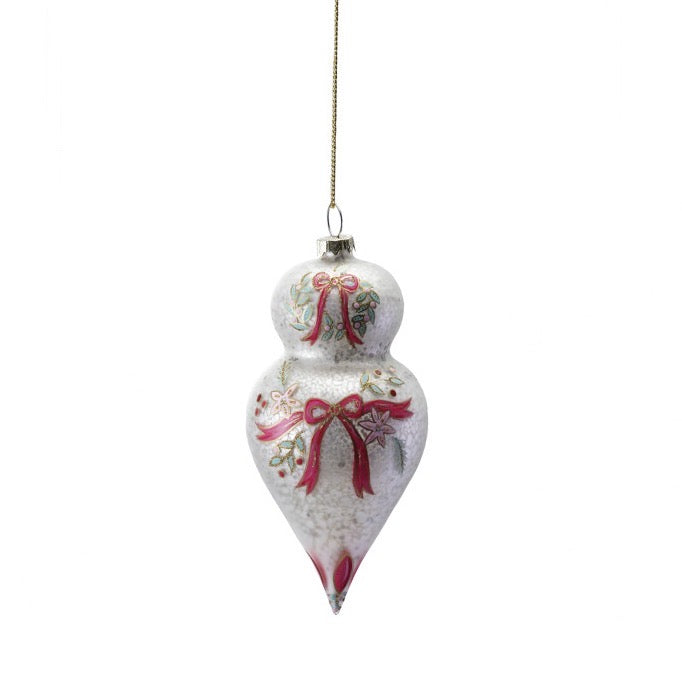 Decorative Christmas ornament with floral patterns and ribbons on a white background