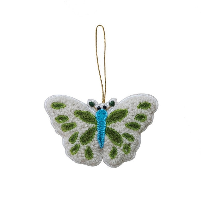 Embroidered Beaded & Tufted Green Butterfly Ornament