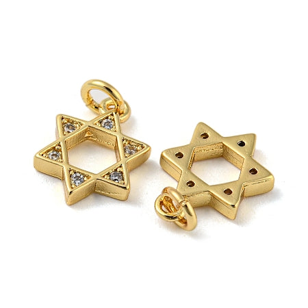 This Gold Star of David charm features a sparkling cubic zirconia centerpiece set in a gold-plated frame. Designed to add meaningful elegance, it can be worn on a charm bracelet or necklace, allowing you to carry a symbol of faith and tradition close to your heart with style and grace.
Details:
Rack Plating Brass Micro Pave Cubic Zirconia Pendant, Cadmium Free &Lead Free, Long-Lasting Real 18K Gold Plated
Size:12.5x9x2mm, hole:2.4mm
Material: Brass+Cubic Zirconia