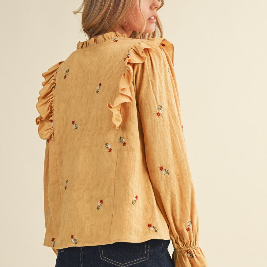 Ruffled Smocked Yoke Embroidered Blouse - Mustard