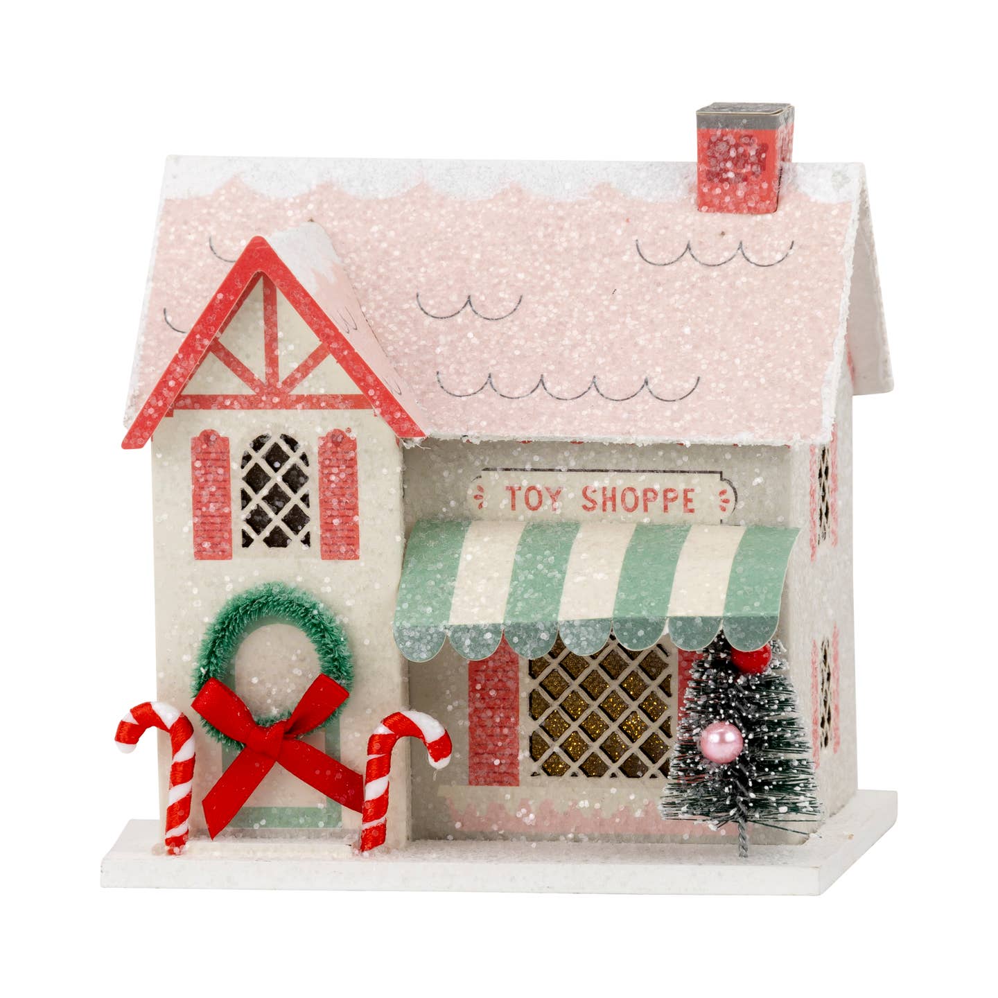 Get in the holiday spirit with a charming Christmas village addition! This toy shop house with light will brighten up your decor, adding a touch of whimsy to your home. Perfect for collectors or anyone looking to add some festive fun to their space.
Details:
House is 4" wide x 3.5" deep x 6.5" tall
Constructed of heavyweight paperboard with glitter accents
includes battery powered light inside (please keep out of reach of small children)
BATTERIES NOT INCLUDED