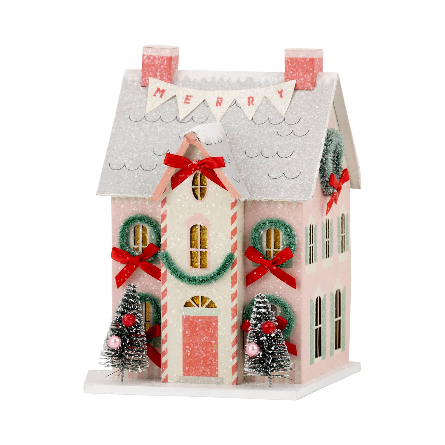 Add some sparkle to your holiday decor with our Christmas Village Merry House. Made of heavyweight paper with glitter accents, this charming village house will bring holiday cheer to any room. Perfect for creating a festive atmosphere and capturing the magic of the season.
Details:
House is 4" wide x 3.5" deep x 6" tall
Constructed of heavyweight paperboard with glitter accents
includes battery powered light inside (please keep out of reach of small children)
BATTERIES NOT INCLUDED