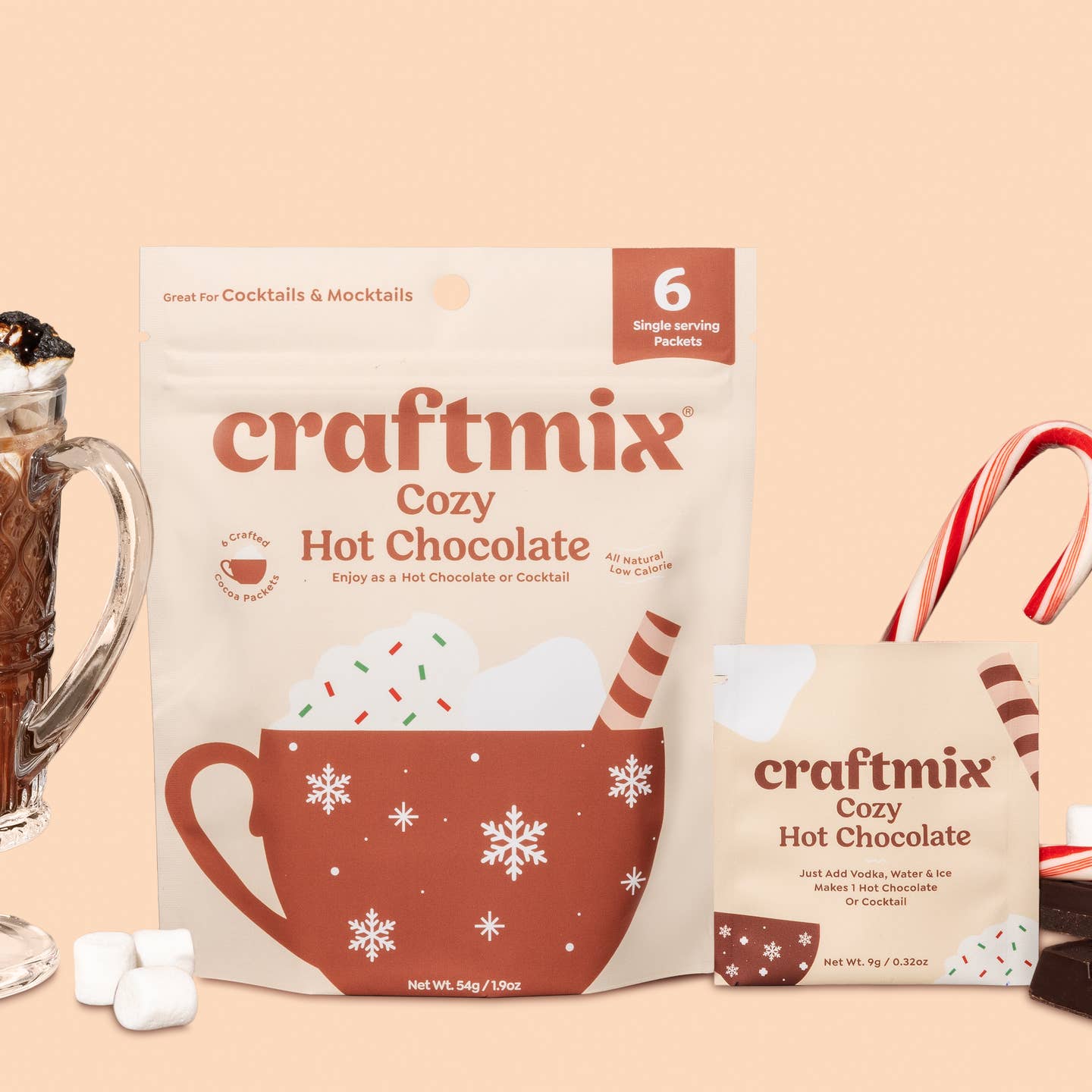 Melt into the moment with this nostalgic flavor combination of cocoa, marshmallow & cream — it's mug-nificently delicious!
Unlike skinny syrups, Craftmix was specifically designed for people on the go! We’ve seen our customers enjoy Craftmix cocktail mixers & kits in so many different places including: camping, festivals, concerts, airplanes, house parties, bars (Shh! Don’t tell the bartender!), picnics, pool parties, tailgates and more!