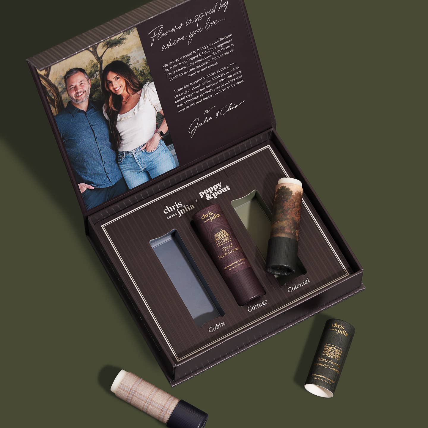 This lip balm gift set features 3 lip balms with flavors inspired by where you live: Blackberry Campfire S'mores, Spiced Peach Crumble, and Baked Pears & Rosemary Caramel. It also includes custom matching recipes cards from Chris Cooks, making this the perfect house warming gift or realtor gift!