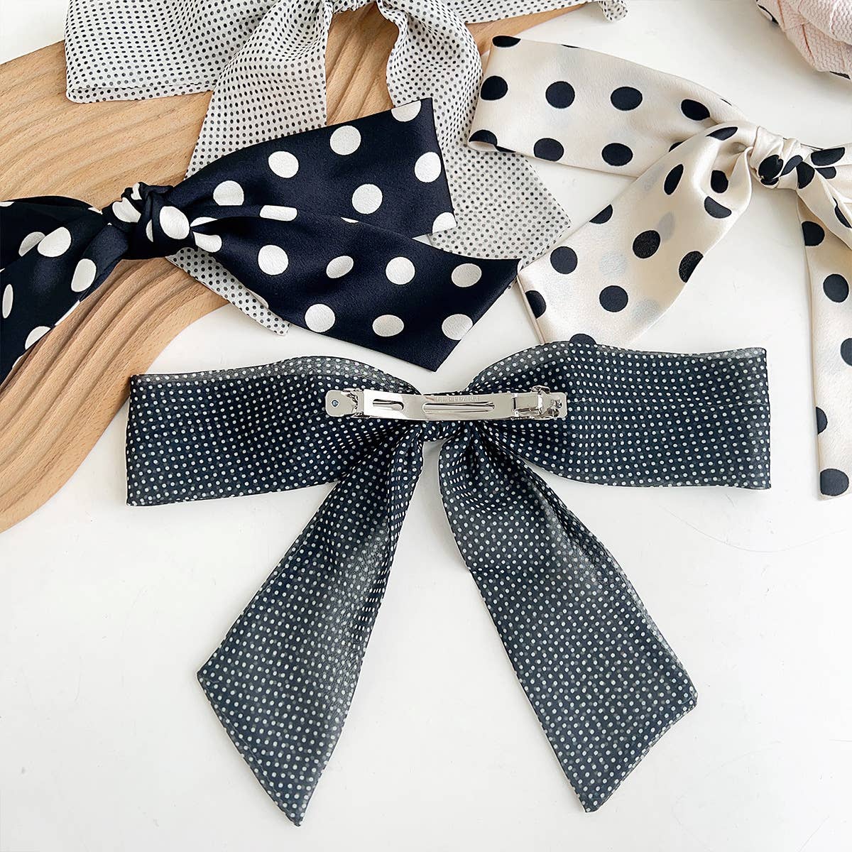 Polka Dot Ribbon Bow French Barrette Clip - Mini White Dots