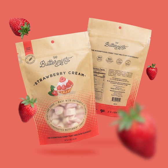 ndulge in our strawberry cream Buttermints, crafted with natural ingredients for a sweet, creamy taste of sun-kissed strawberries. Each melt-in-your-mouth bite offers a luscious, berry-filled delight that’s sure to make you smile.
Details:
Ingredients:Evaporated Cane Juice, Butter, Agave, Strawberry Flavor, Cream Flavor, Citric Acid, All-Natural Food Coloring (Glycerin, Turmeric Color, Purple Sweet Potato, Organic Maltodextrin, Vegetable Gum)