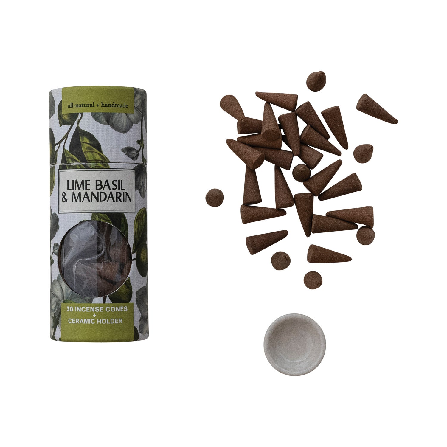 Lime Basil & Mandarin incense cones with packaging and ceramic holder on a white background