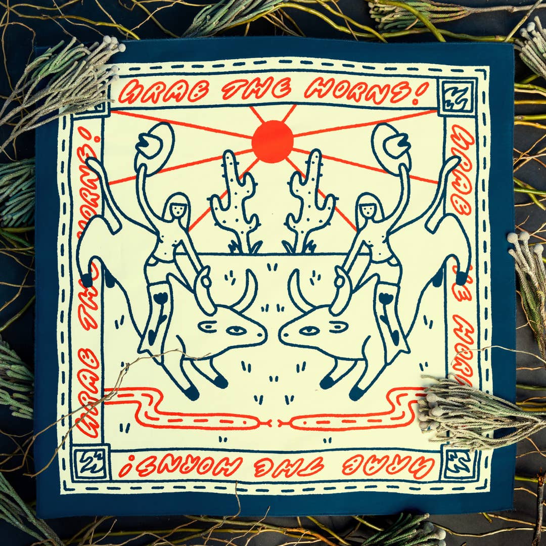Unleash your wild side with "Grab the Horns", the organic cotton bandana that's good for both you and the environment. Made with 100% certified organic cotton, this versatile bandana is perfect for accessorizing while reducing your carbon footprint. Embrace the rodeo lifestyle with “Grab the Horns.”
Artist: Holly Tudor aka "Is This Real Life?" (Manchester, UK)
10% Goes To: Save The Children