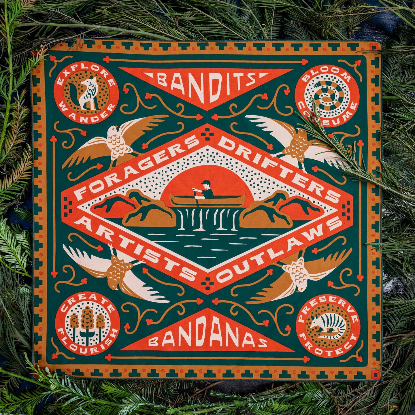 Sam's bandana is inspired by his experiences enjoying the local geography in his hometown of Austin, Texas. Specifically, Sam pays homage to kayaking the "Greenbelt" with friends. The "Greenbelt" refers to the local 12-mile system of hiking trails, waterways, limestone cliffs, and springs around Barton Creek in Austin, including the famous Barton Springs natural swimming pool.
Artist: Sam (Austin, Texas)