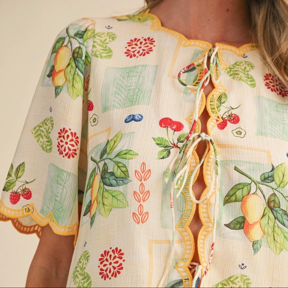 Fruit Print Embroidered Scallop Top