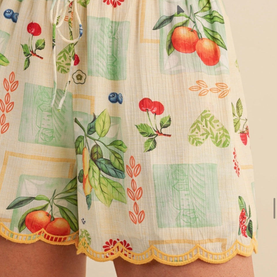 Fruit Print Embroidered Scallop Shorts