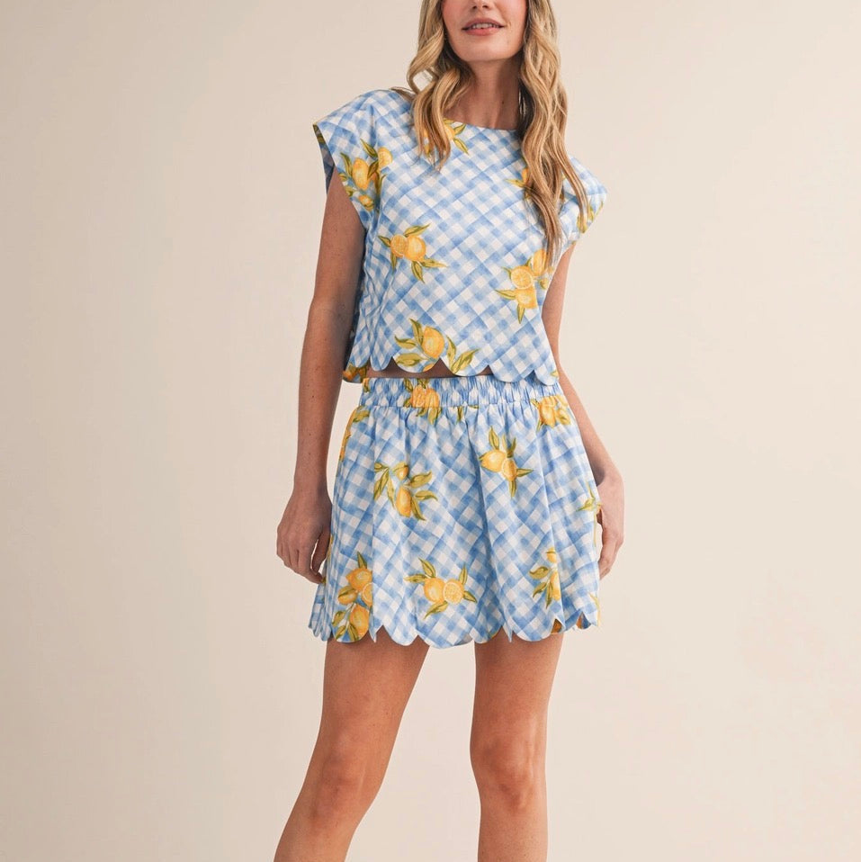 Gingham Lemon Scalloped Top