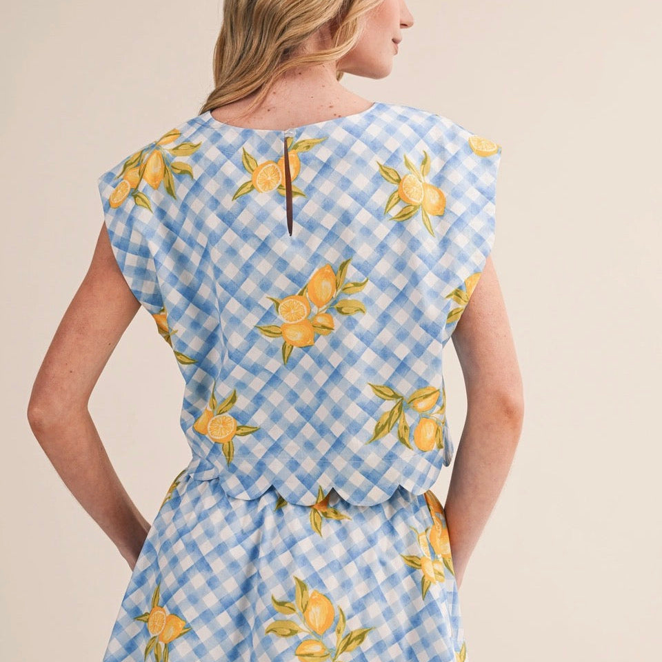 Gingham Lemon Scalloped Top