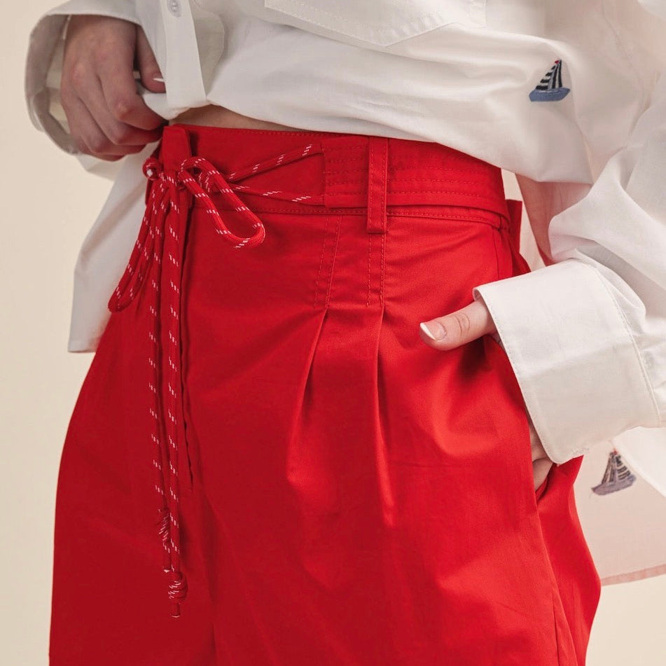 Rope Trim Belt Pleated Shorts - Tomato Red