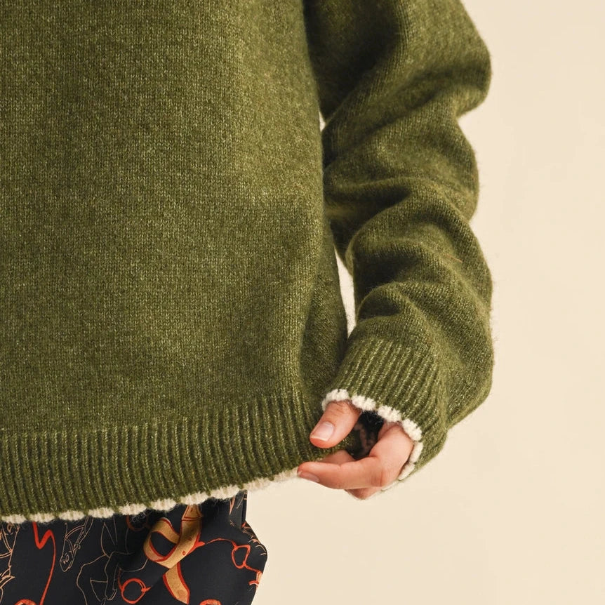 Olive Green Knit Scalloped Edge Sweater