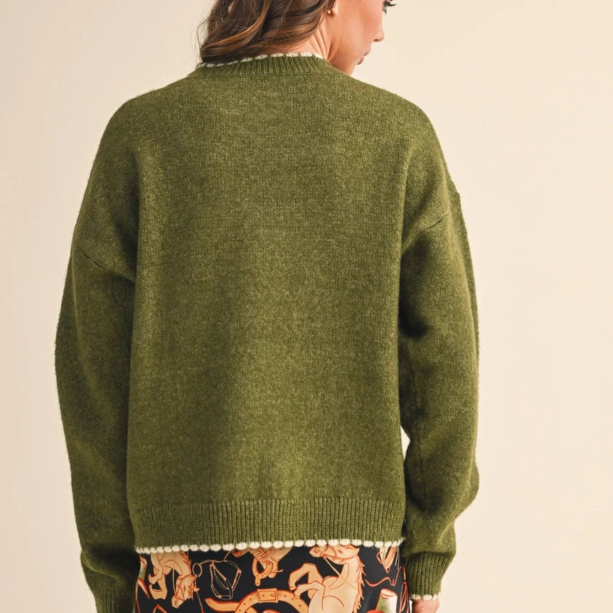 Olive Green Knit Scalloped Edge Sweater