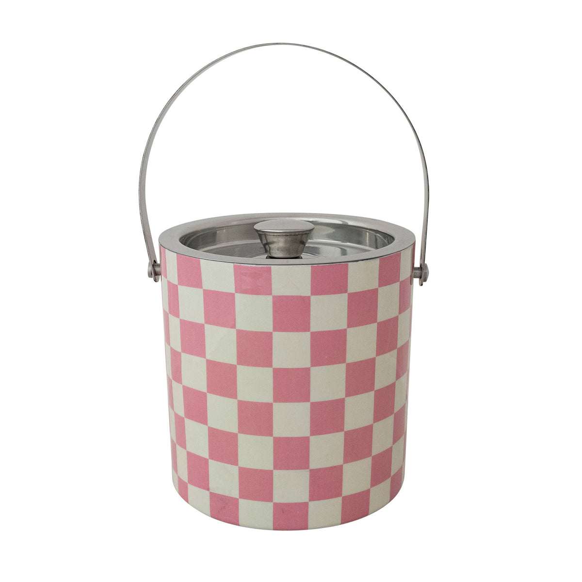 Bring charm and warmth to your gatherings with our Pink Check Ice Bucket. Crafted from durable enameled stainless steel, this 1.5-quart piece features a delightful pink and ivory check pattern that adds a cozy, welcoming touch to any bar set-up or party table. Perfectly sized to keep your favorite beverages chilled while making your guests feel right at home.