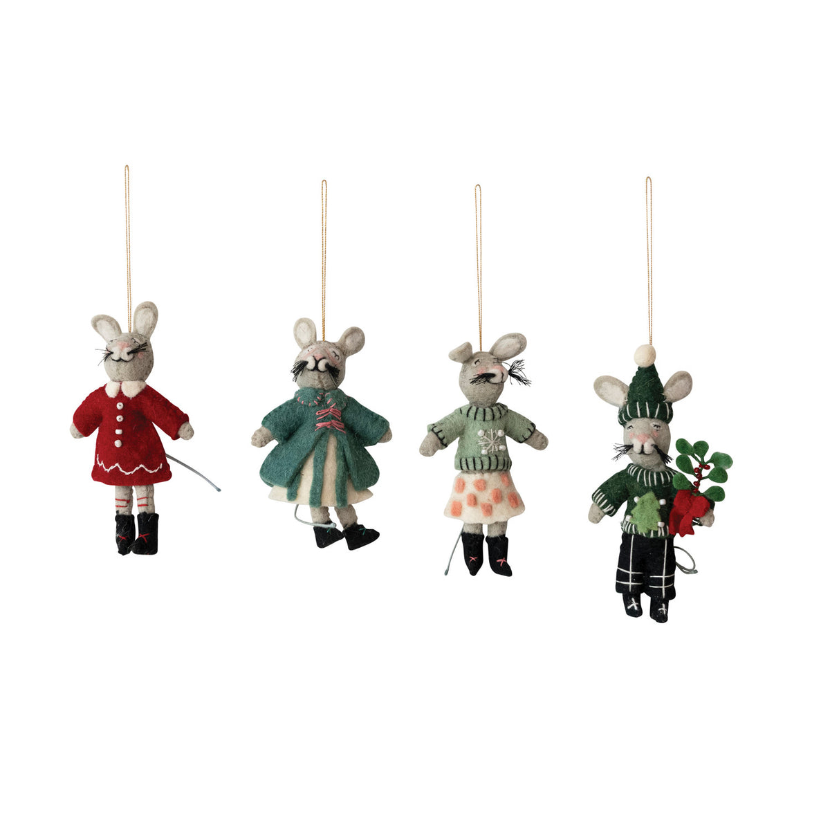 Four small hanging mouse ornaments dressed in different holiday outfits, including red, teal, green, and dark green clothing, shown against a plain white background.