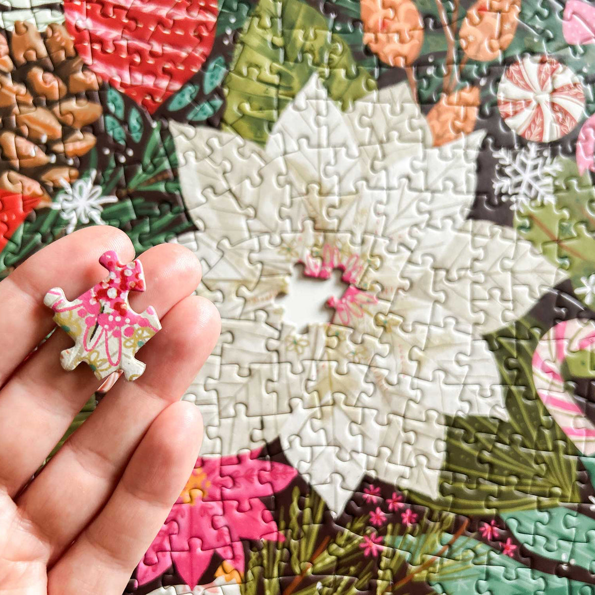 Completed puzzle with one missing piece.