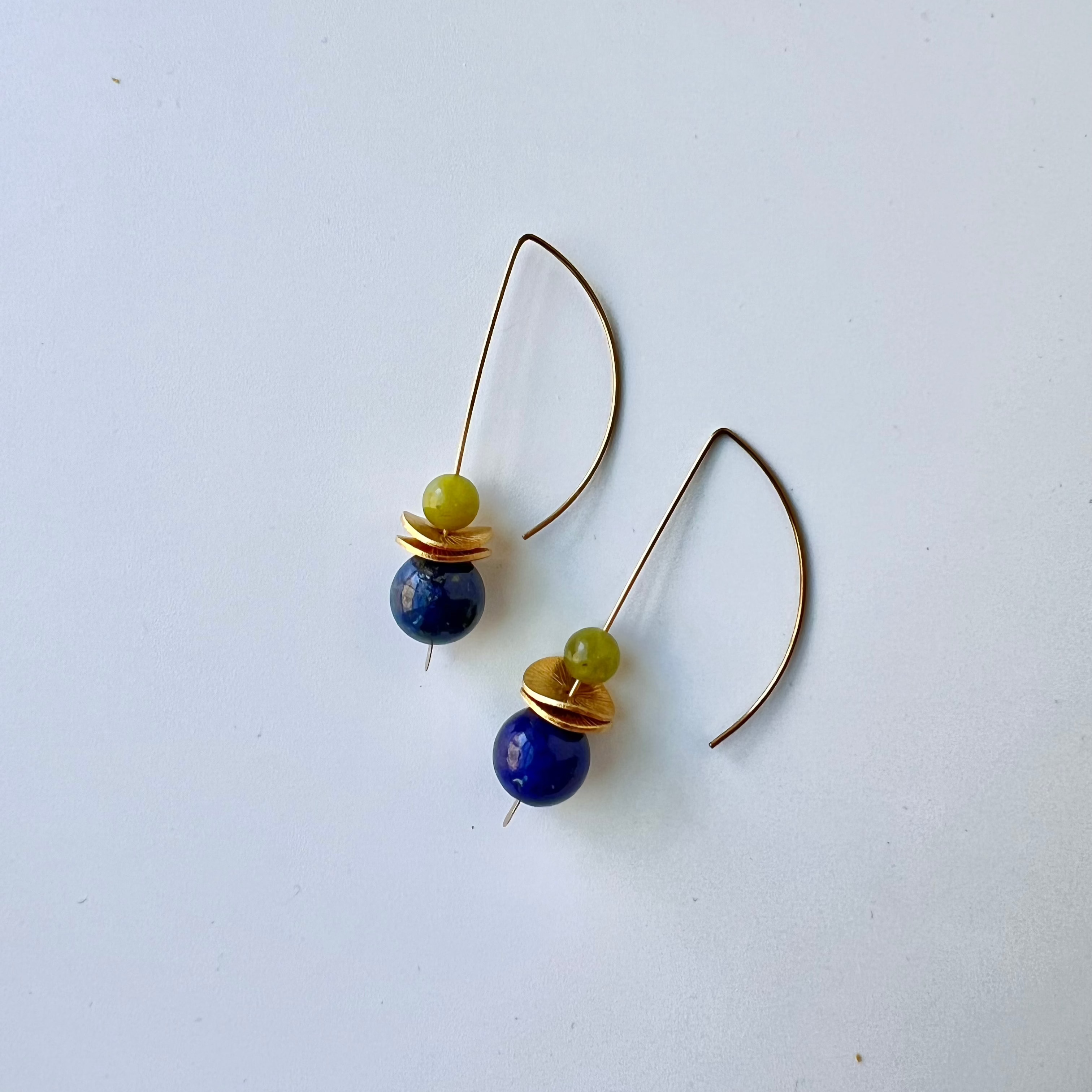 Blue w/ green accent bead drop earrings on crescent ear wire