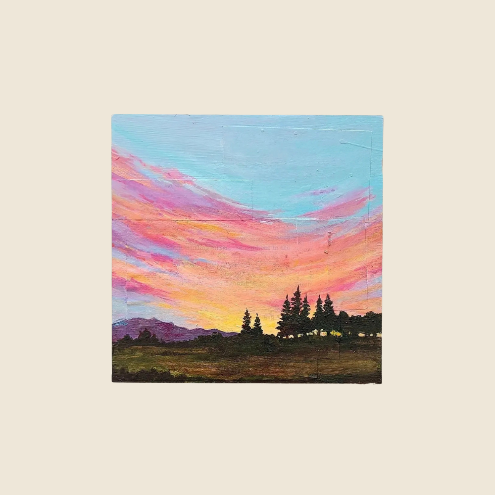 Original Painting - Sunrise with purple mountains, pine trees silhouettes along the horizon.