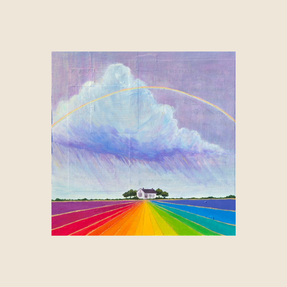 Original Painting - Purple Sky with clouds and thin bow of yellow light, purple showers fall on a small white house, with the color spectrum coming together in a point at the horizon line.