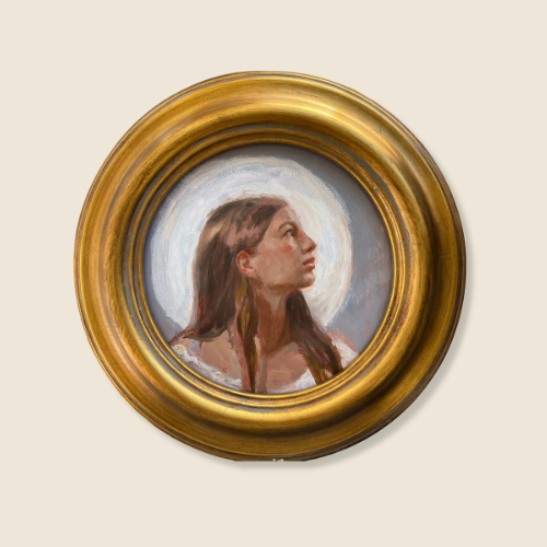 Oil on Panel, Size is 5x5 inches, Young Women is looking up to the left,listening, long brown hair, white dress, background has white light