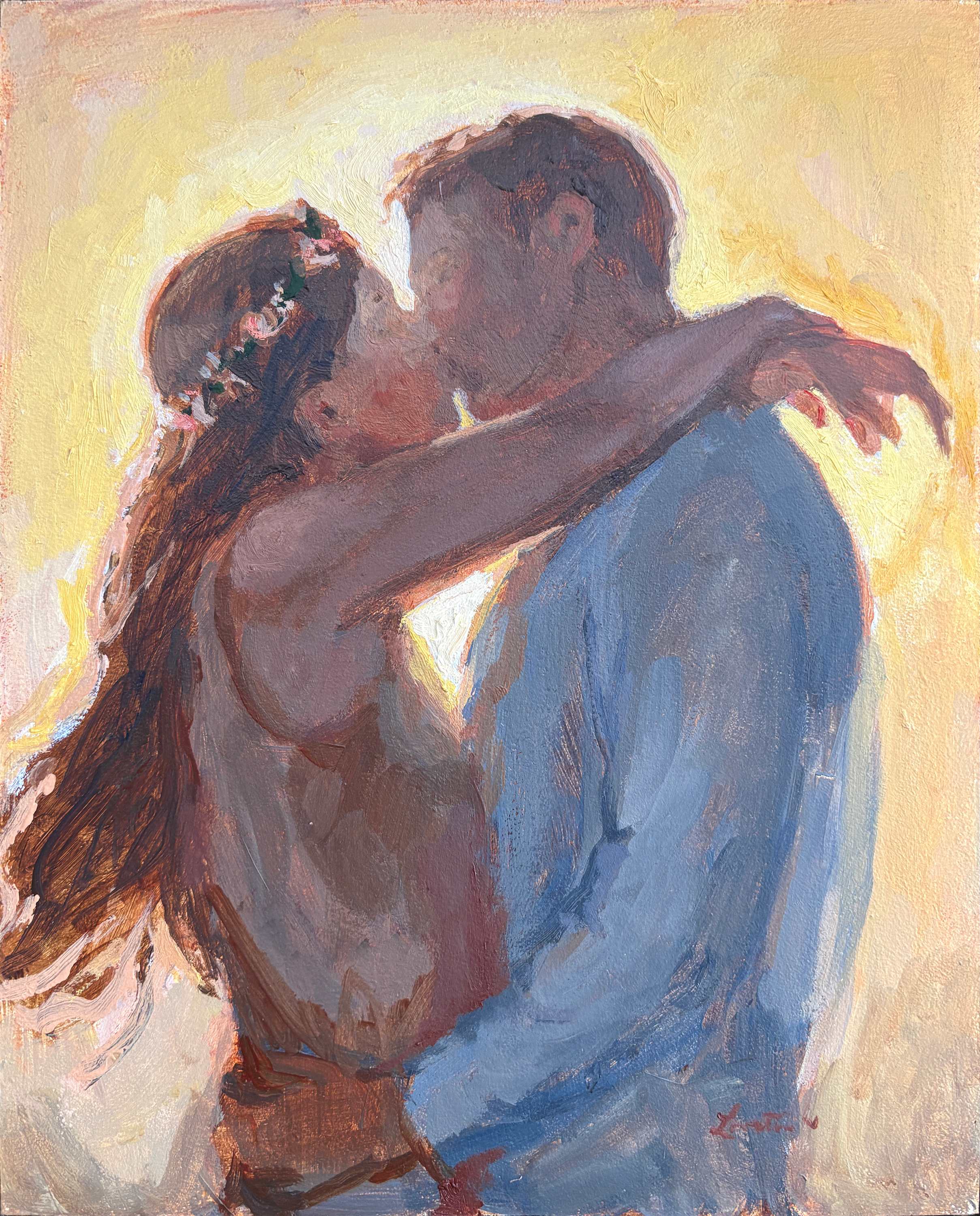 A man and woman embrace in a passionate kiss. The background is golden as if the sun is shining behind them. The woman has long auburn hair and a flower crown made of pink and green flowers. She has a red-brown tanktop on and her arms are high and her wrists meet behind the man's neck. The man has brown hair, is wearing a longsleeve blue shirt, and has his hands on the woman's hips.