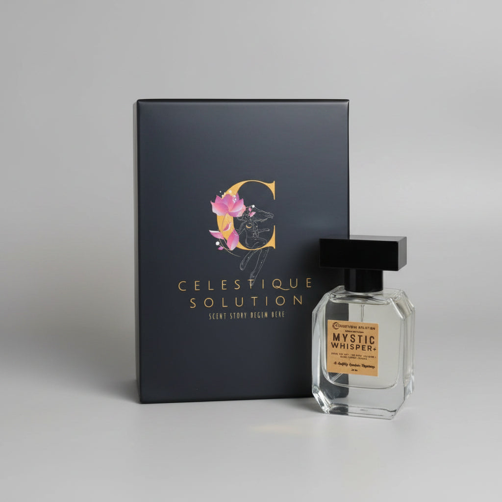 Perfume bottle labeled 'Mystic Whisper' next to its packaging on a wooden surface.