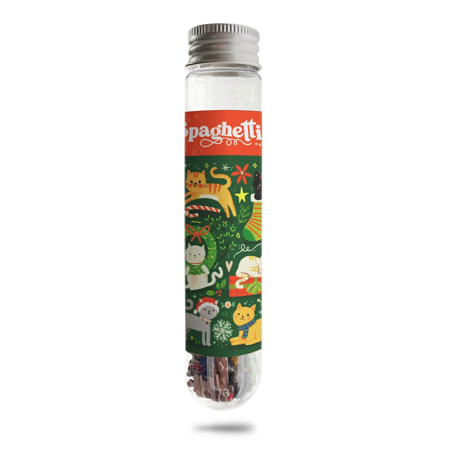 Mini plastic tube with label depicting whimsical cats dressed in sweaters playing with Christmas decor and gifts. Pictured against a white background.