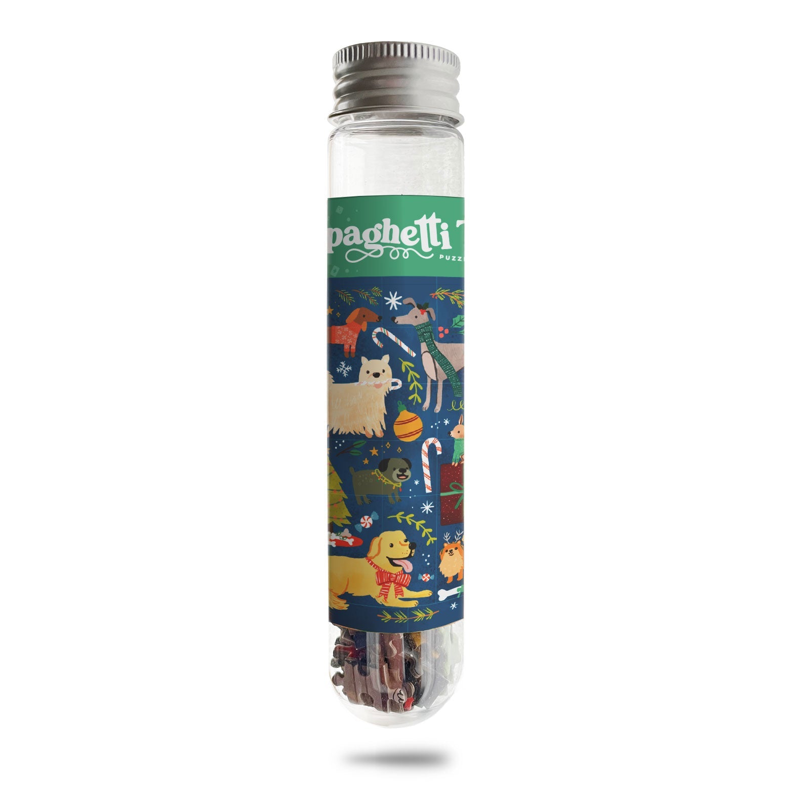 Small plastic tube with a label depicting whimsical dogs playing with Christmas decor and presents. Pictured against a white back ground.