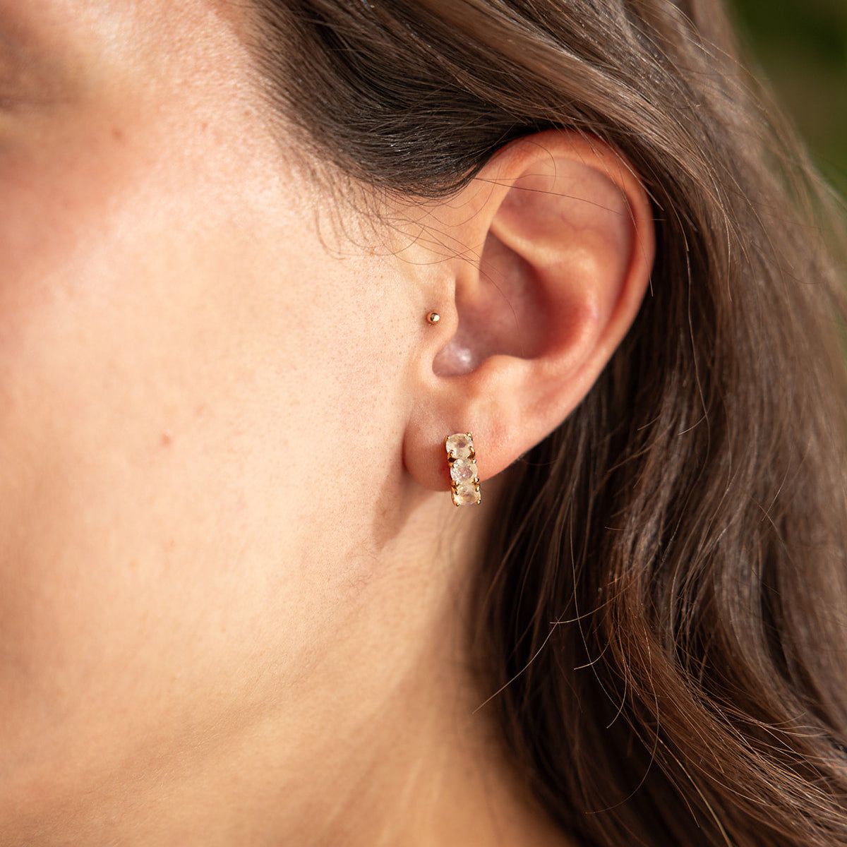MOONSTONE TRIO HUGGIE HOOP EARRING IN GOLD