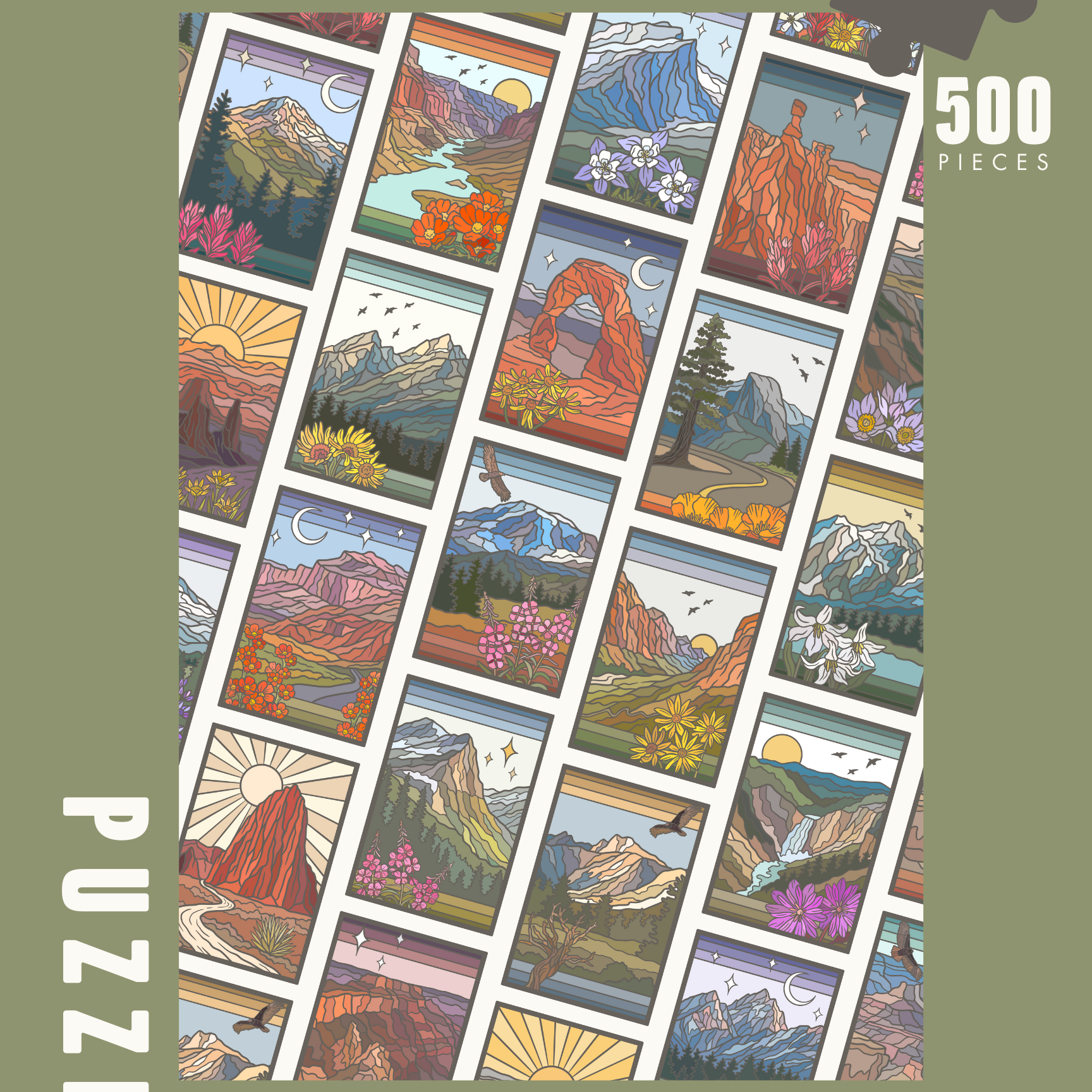 Puzzle box showing full image of puzzle's design. Featuring various images of iconic Utah National Park outdoor attractions, especially formations, mountain ranges, waterfalls, rivers, lakes, ect.